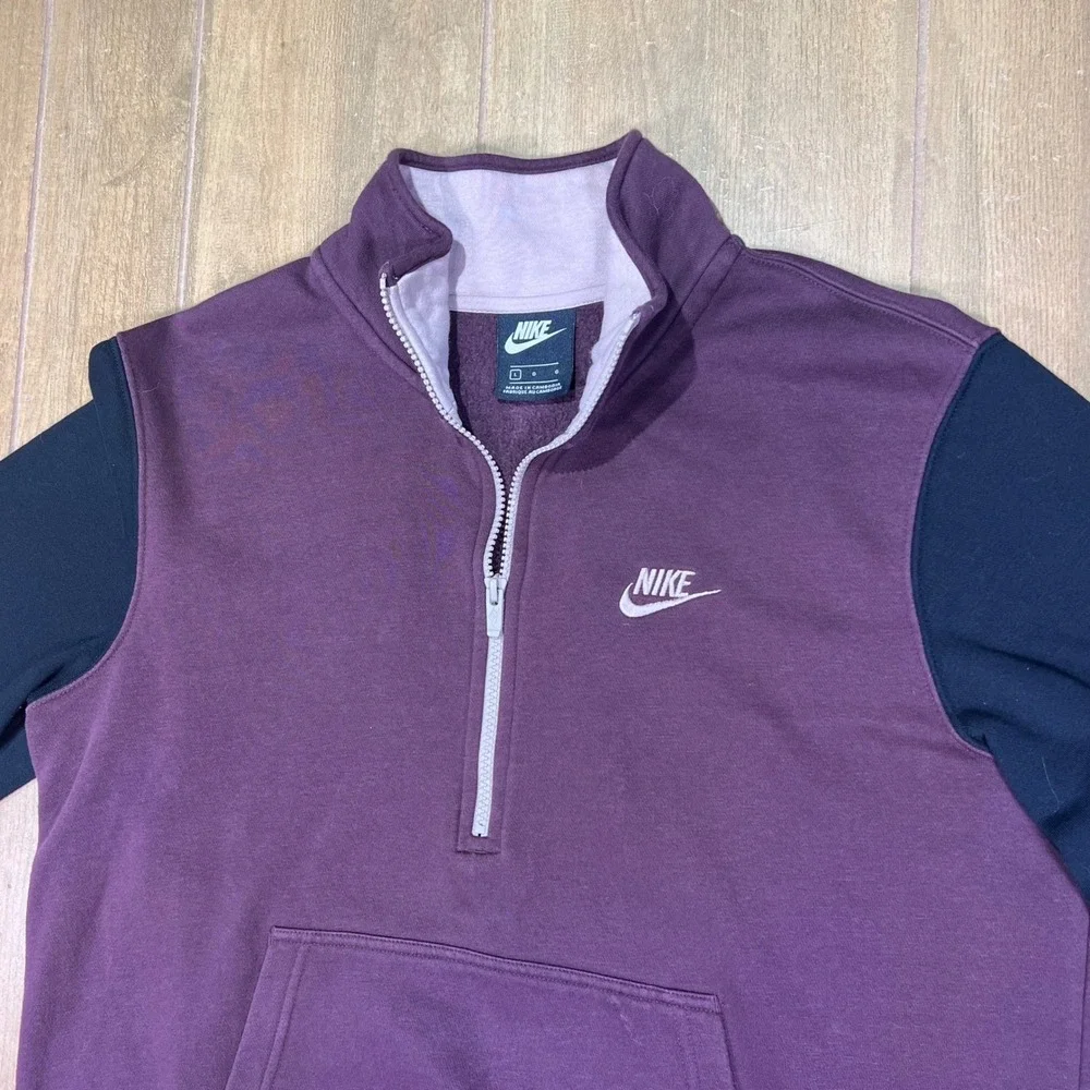 Nike‎ Mens Club Fleece size Lg Quarter Zip Colorblock Pullover Plum Navy retro